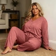 thumbnail image 5 of Naittoop Women Pajama Set Plus Size Long Sleeve 2 Piece Pj Sets Soft Long Sleeve V Neck Tops Wide Leg Pants with Pockets, 5 of 5