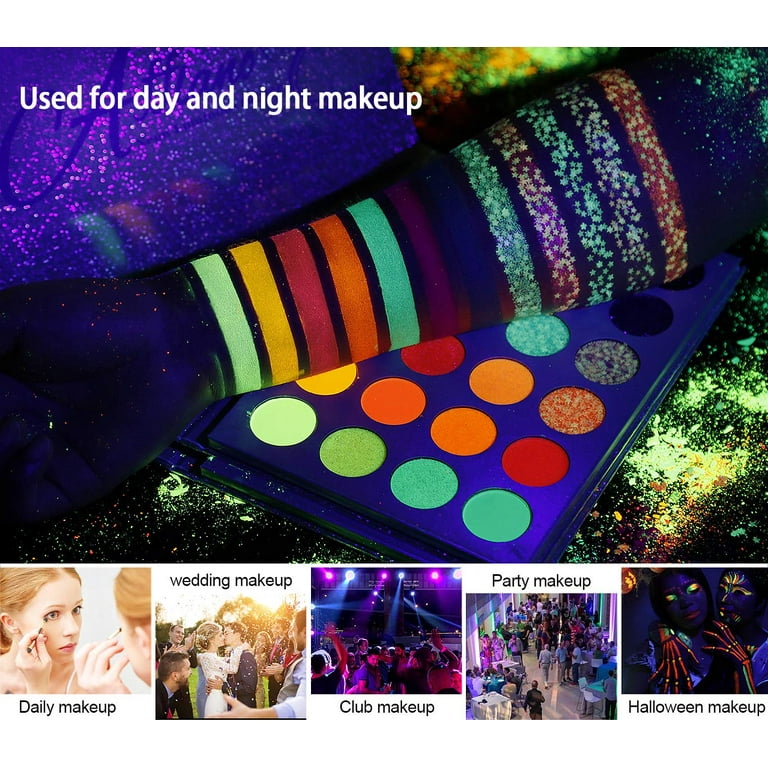 Glow in the Dark Makeup Neon Eyeshadow Glow Palette UV Glow Blacklight  Matte and Glitter, 24 Colors Highly Pigmented Eyeshadow Kit for New Year  Face Body Neon Night Makeup 