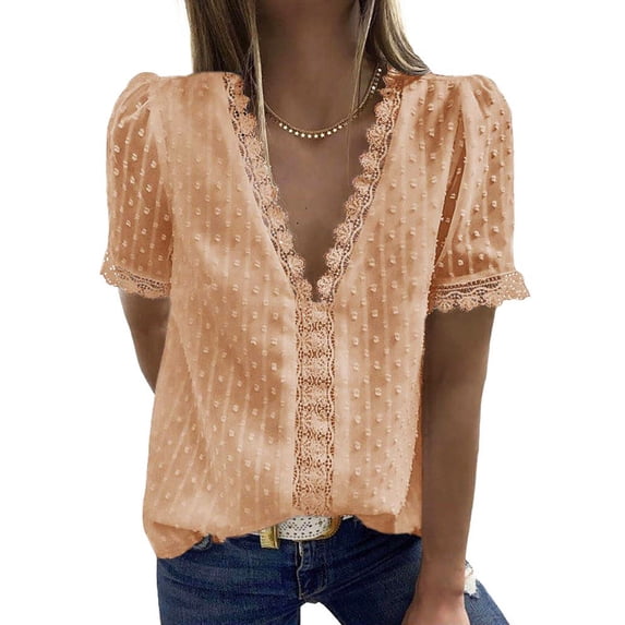 Qmyliery Women Loose Jacquard T-shirt, Adults Casual Solid Color Short Sleeve V-neck Lace Shirt
