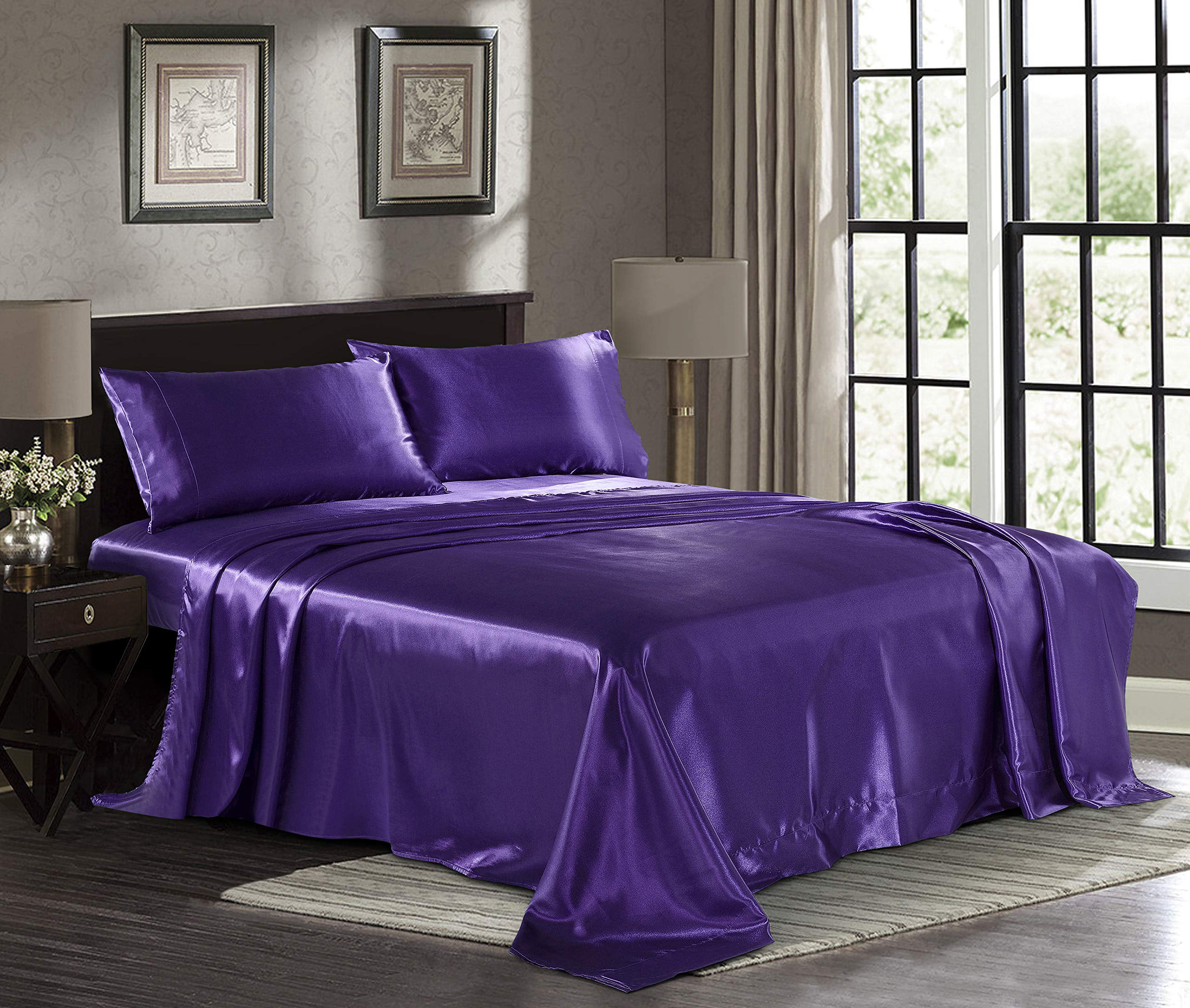 Satin Sheets King [4Piece, Purple] Hotel Luxury Silky Bed Sheets Extra Soft 1800 Microfiber