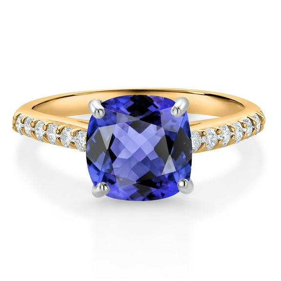 Gem Stone King 10K Yellow Gold 8MM Cushion Cut Blue Tanzanite and White Lab Grown Diamond Engagement Ring for Women (2.88 Cttw, Gemstone December Birthstone, Size 6)