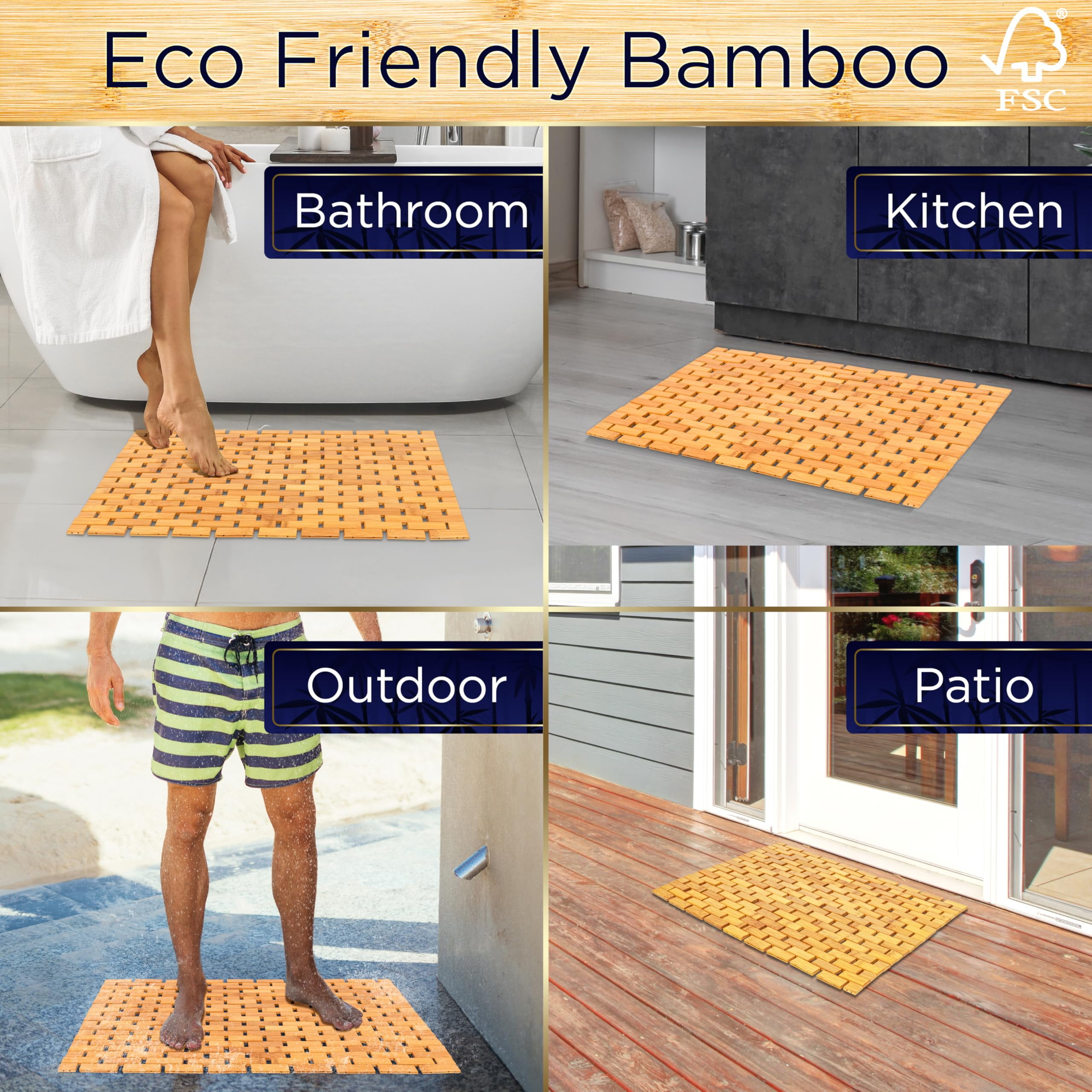 SereneLife Bamboo Bath and Shower Mat, Non-Slip Floor Mat with Extra Grips, Slatted Design, Natural Finish for Bathroom, Spa, Sauna - Rollable and Easy to Clean