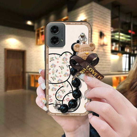 ABL-Phone Case For MOTO G 5G 2024, Bear bracelet soft case Cartoon Skin-friendly feel protective case silicone Back Cover Anti-knock cute Waterproof Black pearl pendant Dirt-resistant