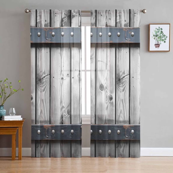 Grey Wood Grain Semi Sheer Curtains 63 Inch Length 2 Panels Set, Country Vintage Barn Door Rustic Lodge Sheer Kitchen Curtain Privacy Voile Window Curtain for Living Room Bedroom Rod Pocket Drapes