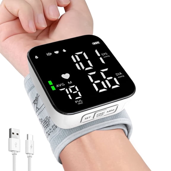 Qunler Rechargeable Wrist Blood Pressure Monitor, Portable Automatic BP Machine with Voice Broadcast and Large LCD Display, White