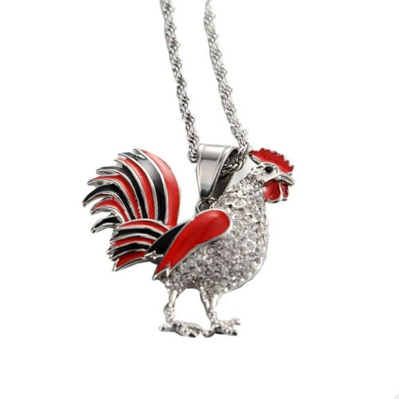 PAMTIER Men's Stainless Steel Cubic Zirconia Hip Hop Personalized Trend Rooster Zodiac Pendant Necklace Silver