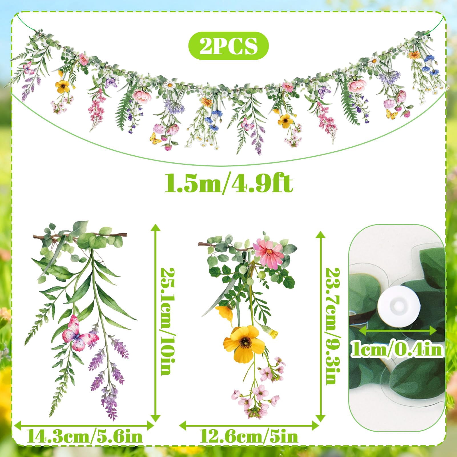 Wildflower Banner 2 Pcs Garden Party Flower Spring Summer Reusable Waterproof Garland 9.8ft For Enchanted Woodland Tropical Wedding Baby Shower Birthday Tea Supplies Girl Decorations