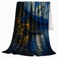thumbnail image 2 of Moonlit Cabin by Lake in Starry Forest, Cozy Rustic Style for Cabin Lovers, Winter Lakeside Scene and Christmas Gift, Soft Flannel Blanket for Cabin and Bedroom, Home Decor, 2 of 9