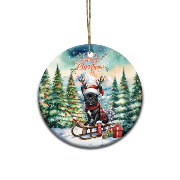 Merry Christmas Santa Reindeer Antlers French Bulldog Sleigh Xmas Winter Holiday Ceramic Round Ornament Dog Lover Gifts Home Tree Decor - 00023