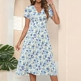 thumbnail image 3 of Vestido Corto para las Mujeres con Cuello en V Estampado Elástico de la Cintura de Manga Corta, Vestido Casual de las Mujeres, 3 of 4