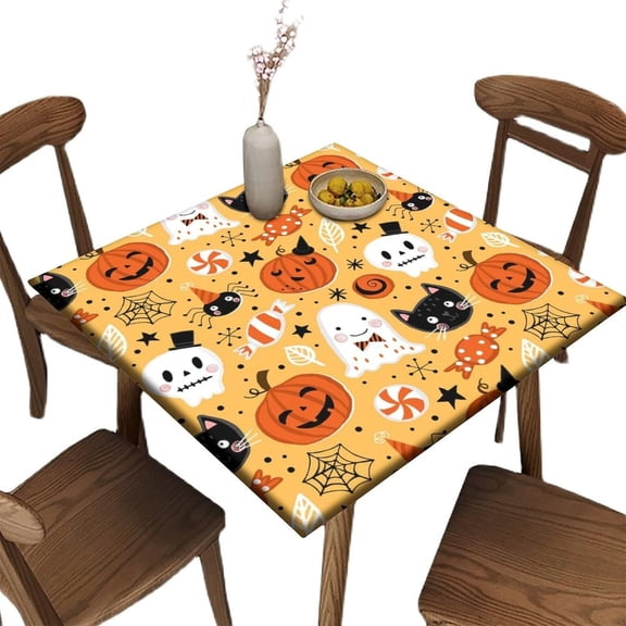Square Fitted Elastic Edge Table Cloths, Pumpkin Spooky Ghost Polyester Table Cover, for Indoor Outdoor Kitchen Home Party Dinner Patio, Fit for 36" x 36"Square Table