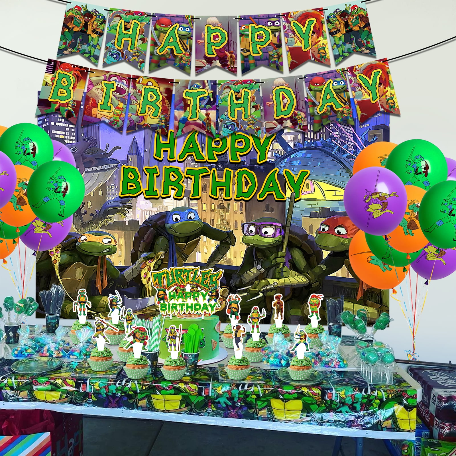 105 Pcs Ninja Turtles Birthday Party Supplies, Cartoon Turtles Birthday  Party Decorations Include Banners Cake Cupcake Toppers Balloons Tablecloth