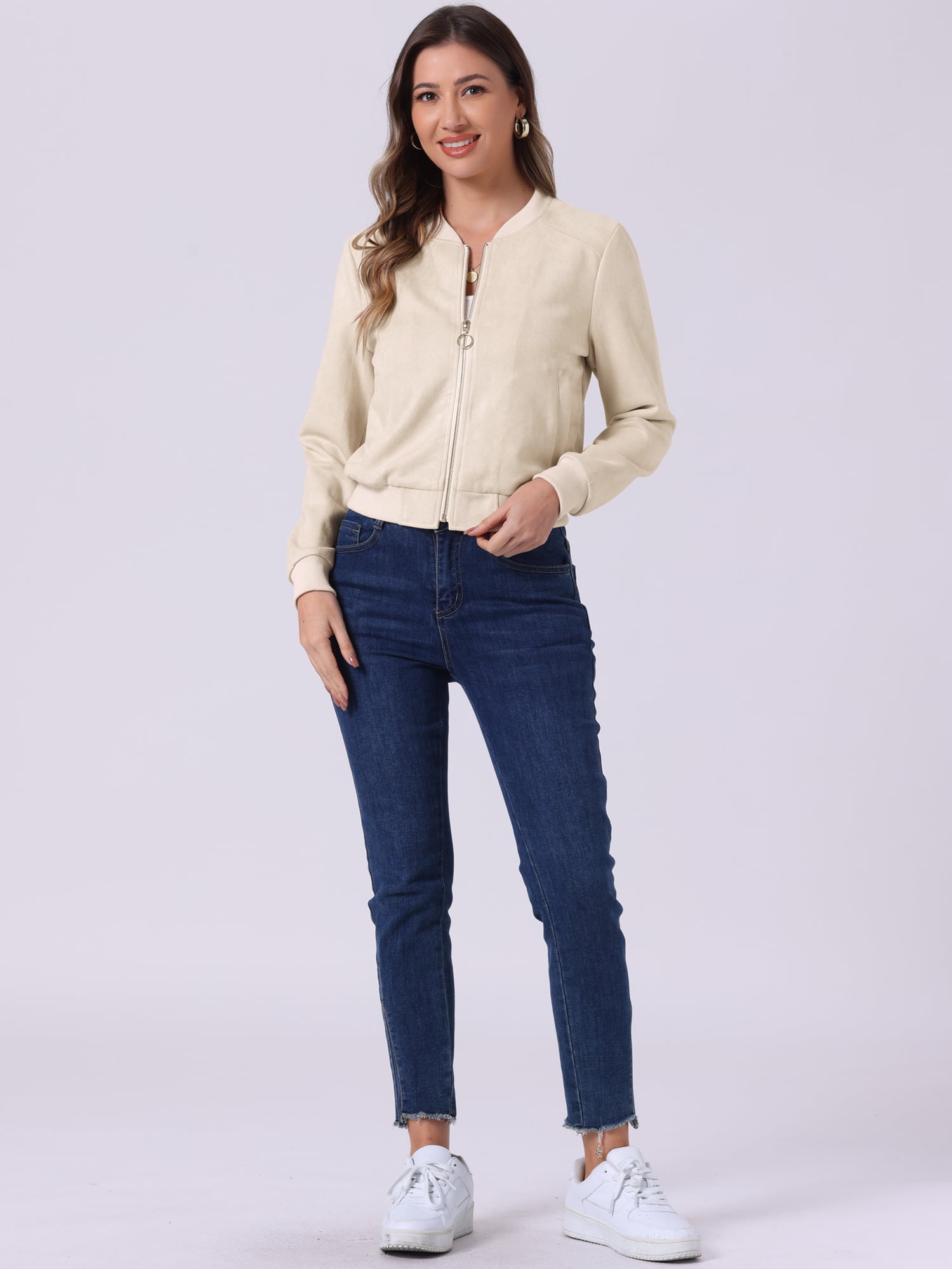 DARING DIVA Stand Collar Zip Up Biker Moto Bomber Jackets S Beige