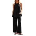 thumbnail image 2 of Zynoxe Two Piece Sets for Women Trendy Halter Neck Backless Camisole Top Wide Leg Pants Suit Comfy Breathable Cotton Linen Lounge Set Summer Versatile Solid Color Vacation Outfits M, 2 of 8