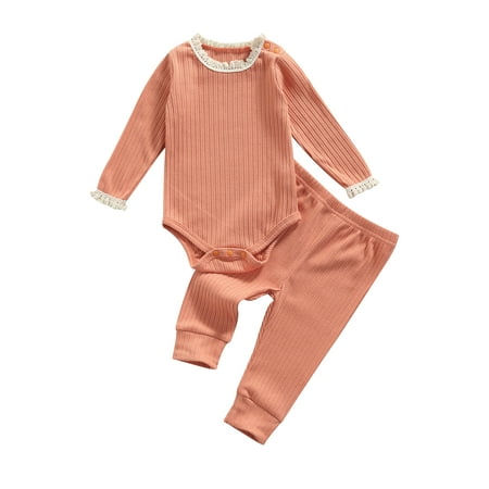 

Sunisery Newborn Infant Baby Girl Fall Winter Clothes Ribbed Knitted Lace Trim Romper Pants Outfits Orange 18-24 Months