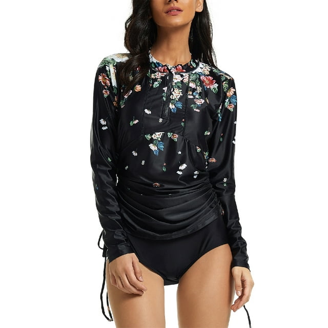 MAWCLOS Women Two Peices Swimsuit Floral Printed Bathing Suit Long Sleeve Rashguard Tummy Controled Surfing Crew Neck Tankini Set 727012 L