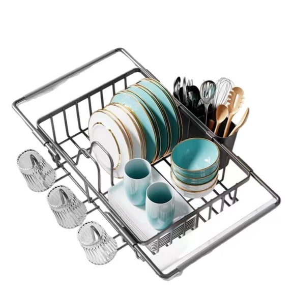 Dish Drying Rack in Sink, Expandable Stainless Steel Dish Drainers for Kitchen Counter, Dish Dryer Rack for Inside Sink, Over The Sink Dish Racks with Utensil Holder, Silver