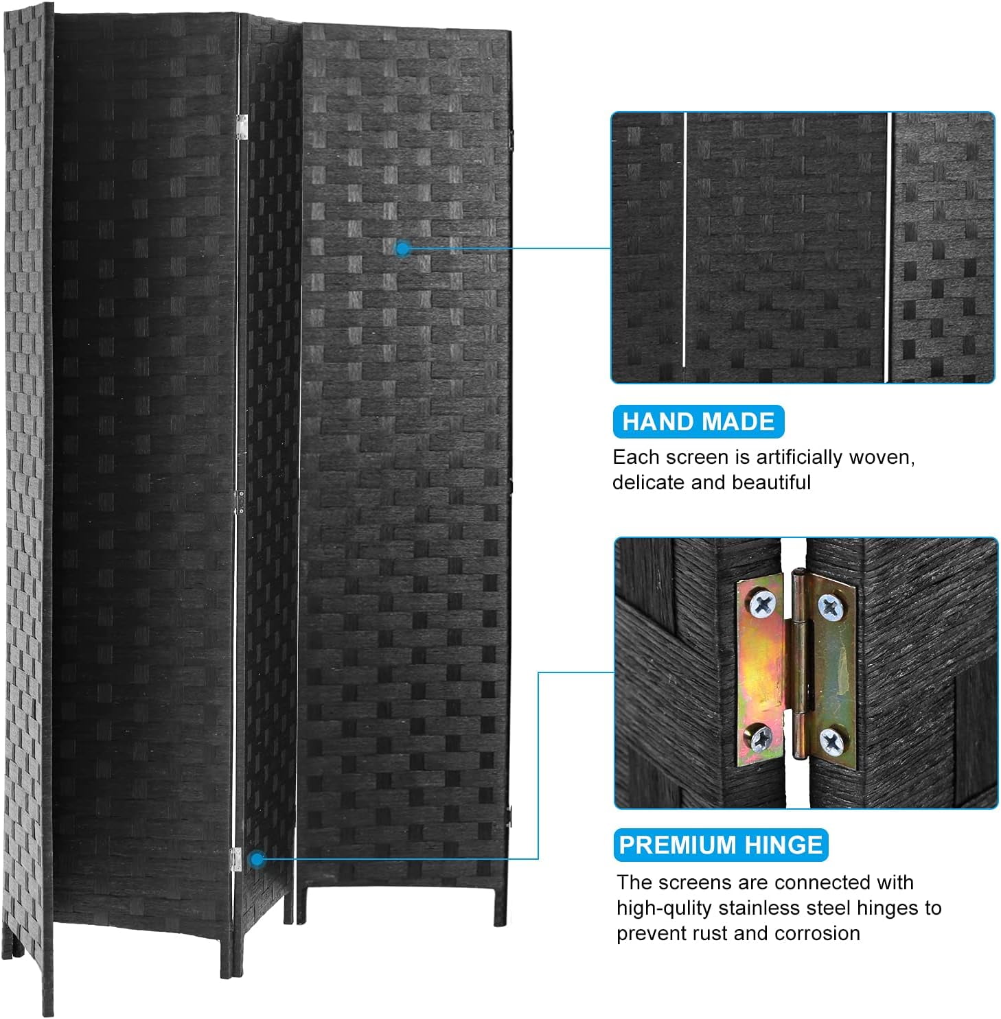 NiamVelo 4 Panel Wood Room Dividers Folding Privacy Screen Portable Screen Partition Wall Dividers for Home Office, Black