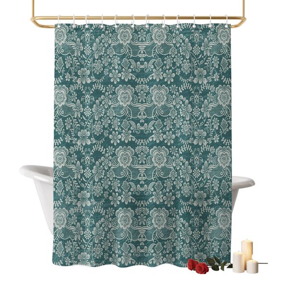 Green Line Flowers Bathroom Shower Curtains with Hooks, French Vintage Symmetrical Vine Floral Waterproof Fabric Washable Shower Curtain for Home Hotel Bathtub Decor 60x72 Inch