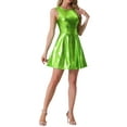 thumbnail image 4 of Vestido sin mangas de cintura alta brillante y acampanado para mujer INSPIRE CHIC, mini vestido brillante en verde XL, 4 of 6