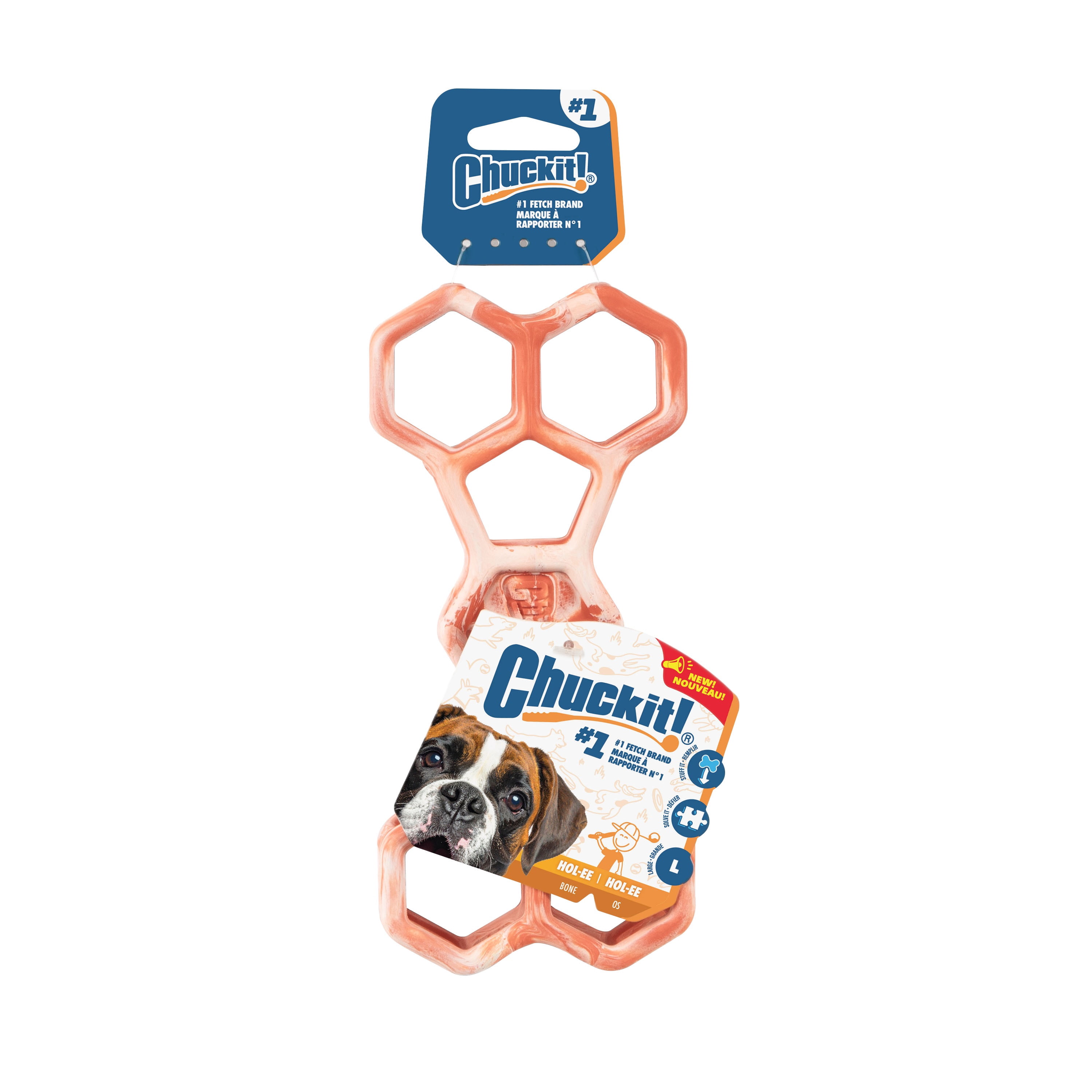 Chuckit! Holee Roller Dog Treat Puzzle Bone, Large, Orange – Treat & Chew Toy for Dogs 60–100 lb, Pack of 1