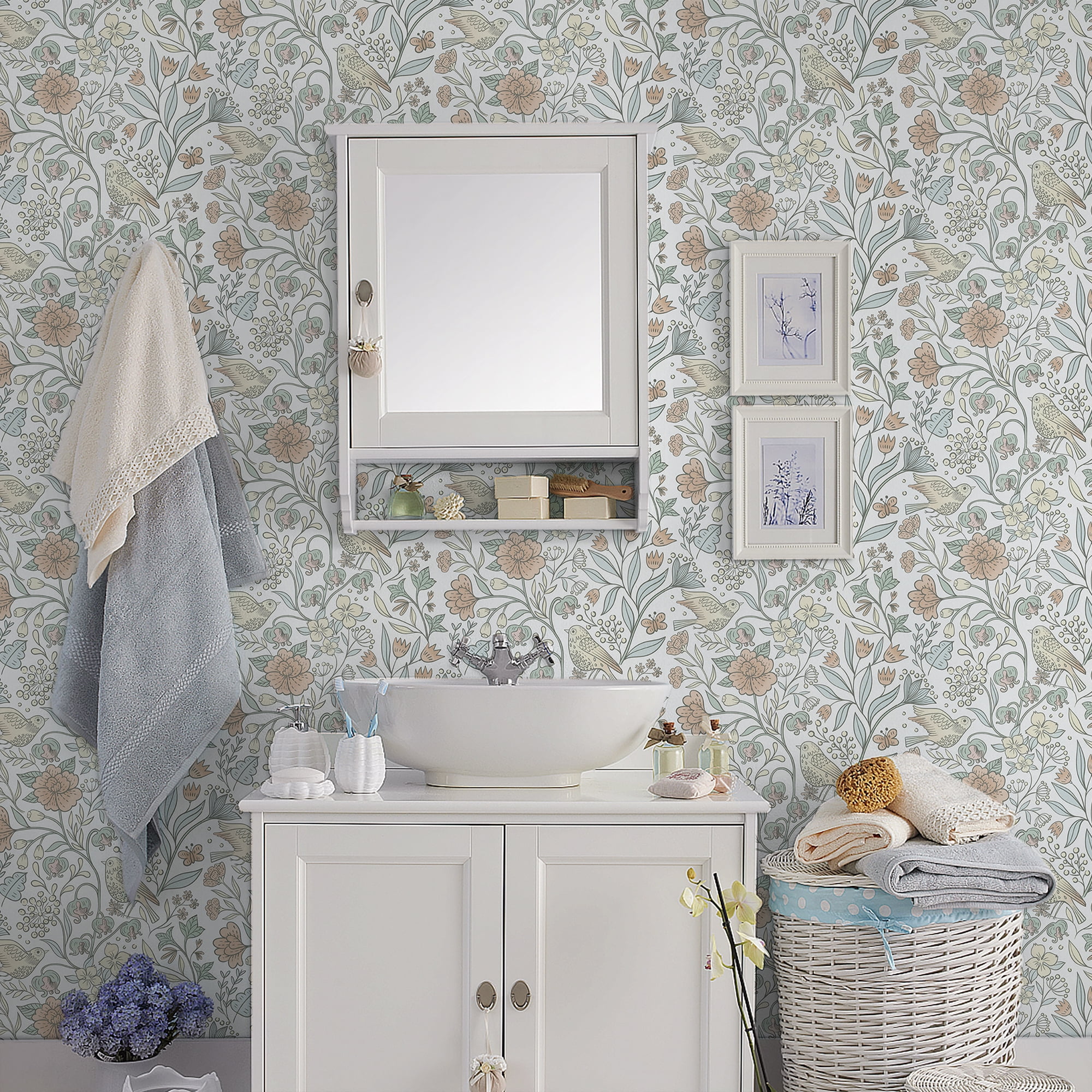Abyssaly Floral Peel and Stick Wallpaper 17.7 "x 393"White Bird and Flower Wallpaper Vintage Vinyl Contact Paper Suitable for Home Walls Cabinet Bedroom