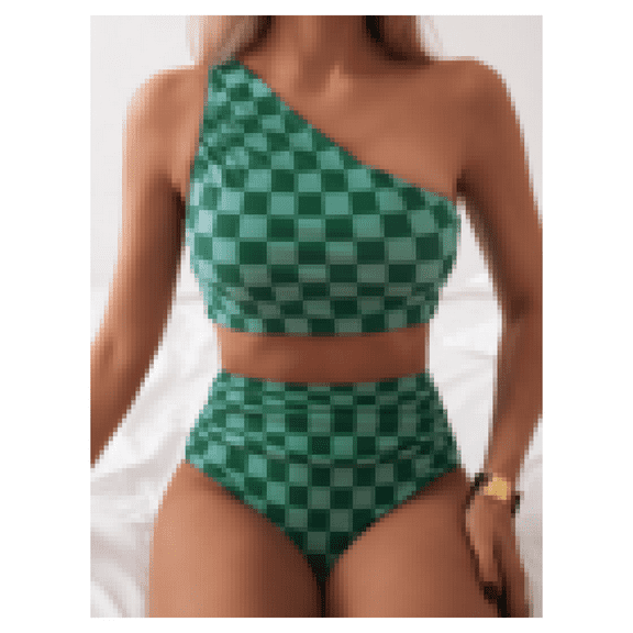 Green Plaid Bikini Set - Women's Two Piece Swimsuit - Sexy Irregular Bathing Suit - Beach Vacation Swimwear - Cute Checkered Bikini for Summer