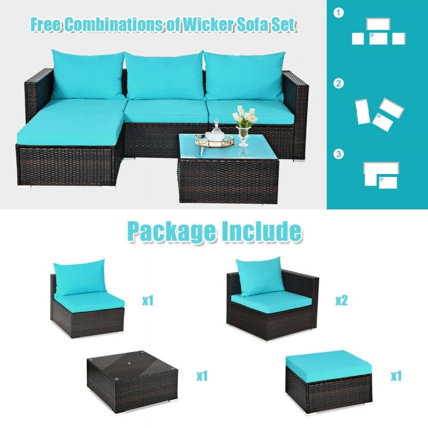 Aimee Lii 5 Pieces Patio Rattan Sectional Furniture Set with Cushions and Coffee Table, Outdoor Deck Furniture, Turquoise Aimee Lii 5 Pieces Patio Rattan Sectional Furniture Set with Cushions and Coffee Table, Outdoor Deck Furniture, Turquoise
