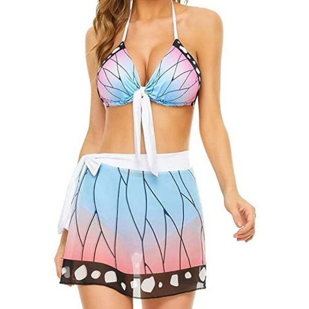 Demon Slayer Cosplay traje de baño Kimetsu No Yaiba Kochou Shinobu de dos piezas con cuello en V Bikini traje de baño Sexy BikiniFree mangas M Gao Jinjia LED