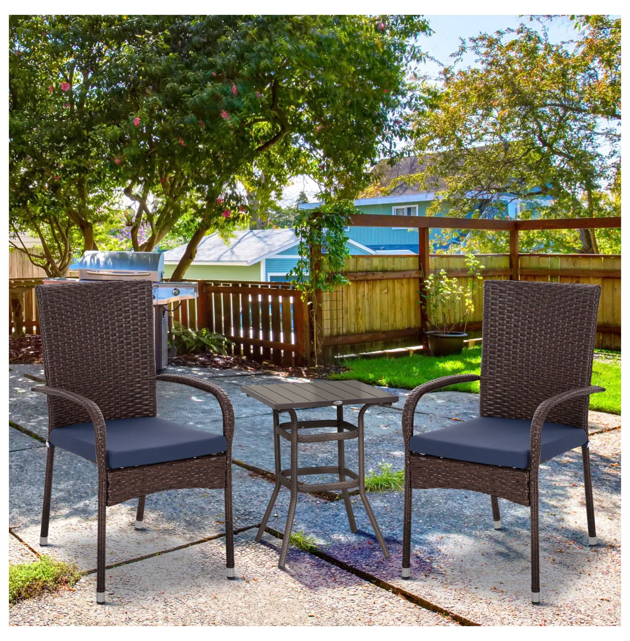 Blue Wicker Patio Chairs - Stackable Outdoor Dining Chairs with Cushions (2-Pack)