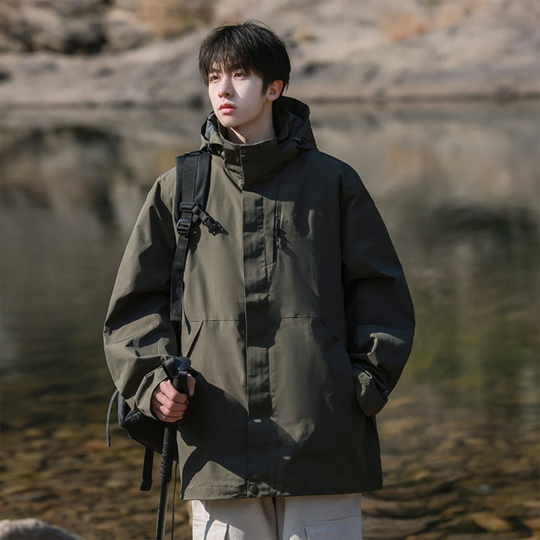 Mens Windbreaker Jackets Solid Color Hooded Three-in-one