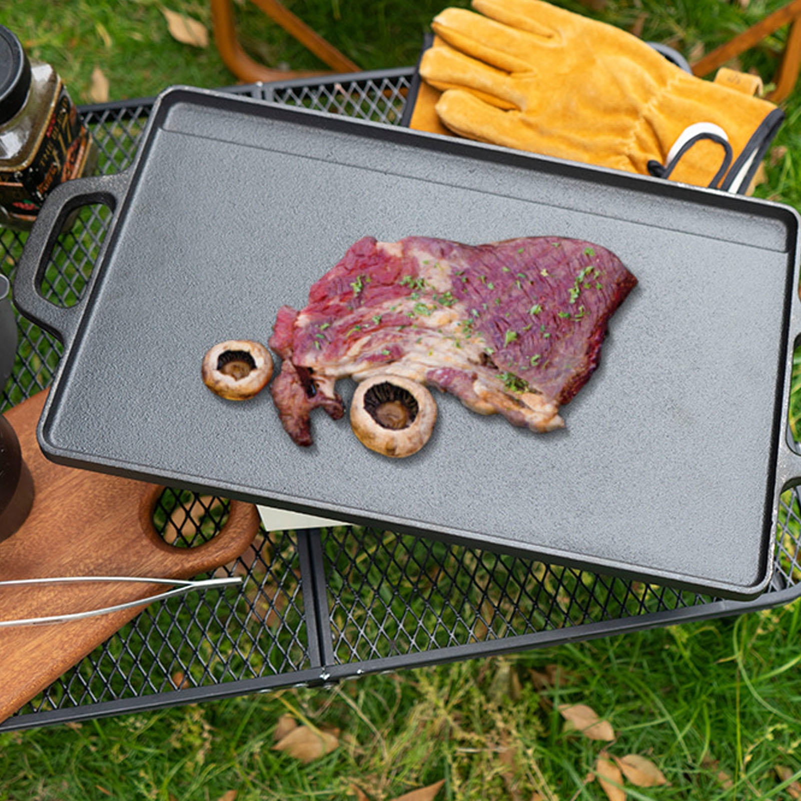 Yajisi 9.8”×18.1” Double‑Sided Iron Griddle Plate – Fast Even Heating, Reversible for Gas & Induction, Ideal for Outdoor Camping & Korean BBQ