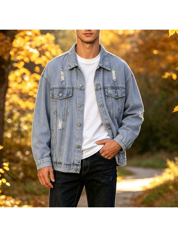 Men Street Denim Jacket Loose Fit Washed Distressed Ripped Workwear Coat