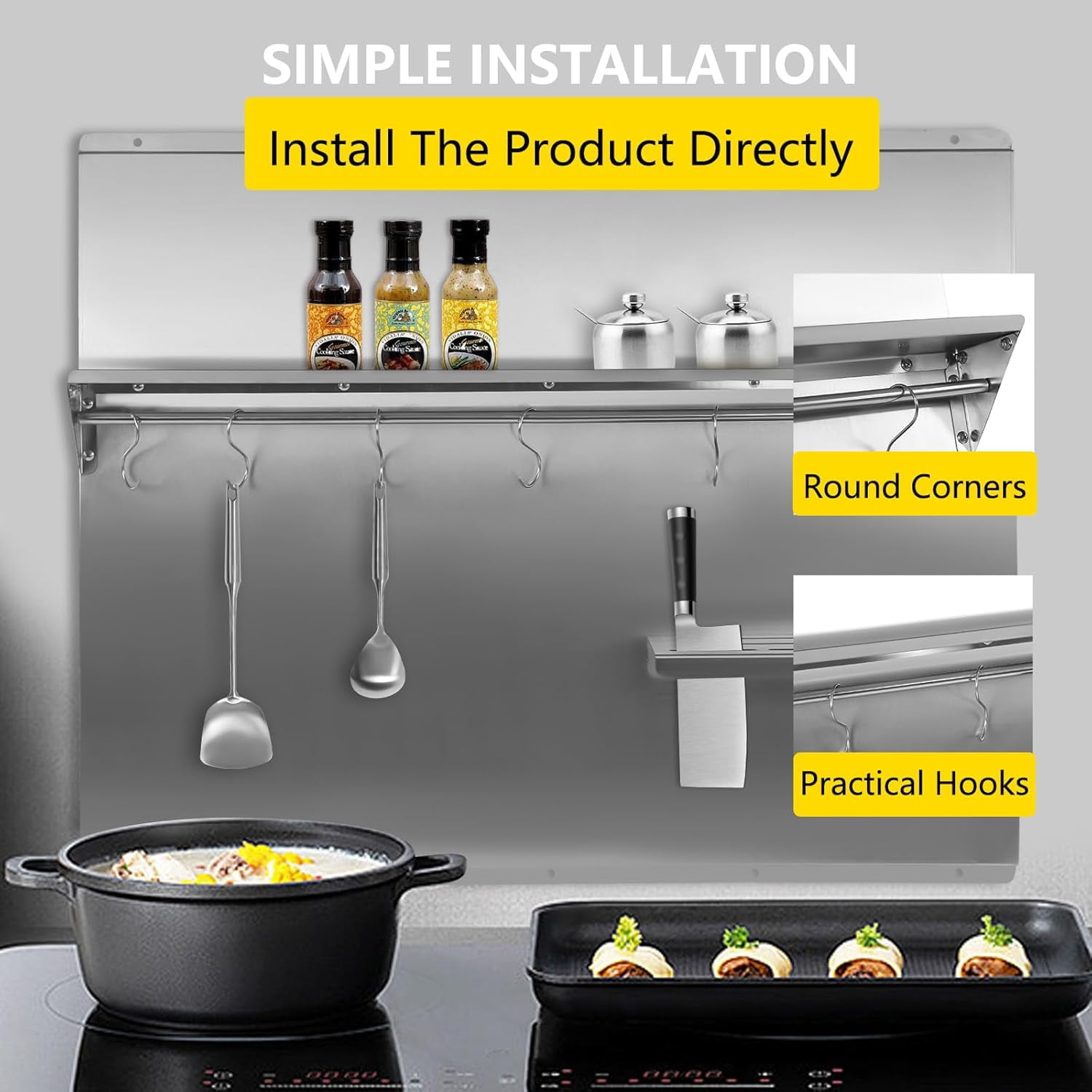 Range Backsplash with Shelf 36x 29.5 Inch Range Hood Wall Shield, Stainless Steel Backsplash Silver Splash Plate with Built-in Storage Shelf and Hanging Rack