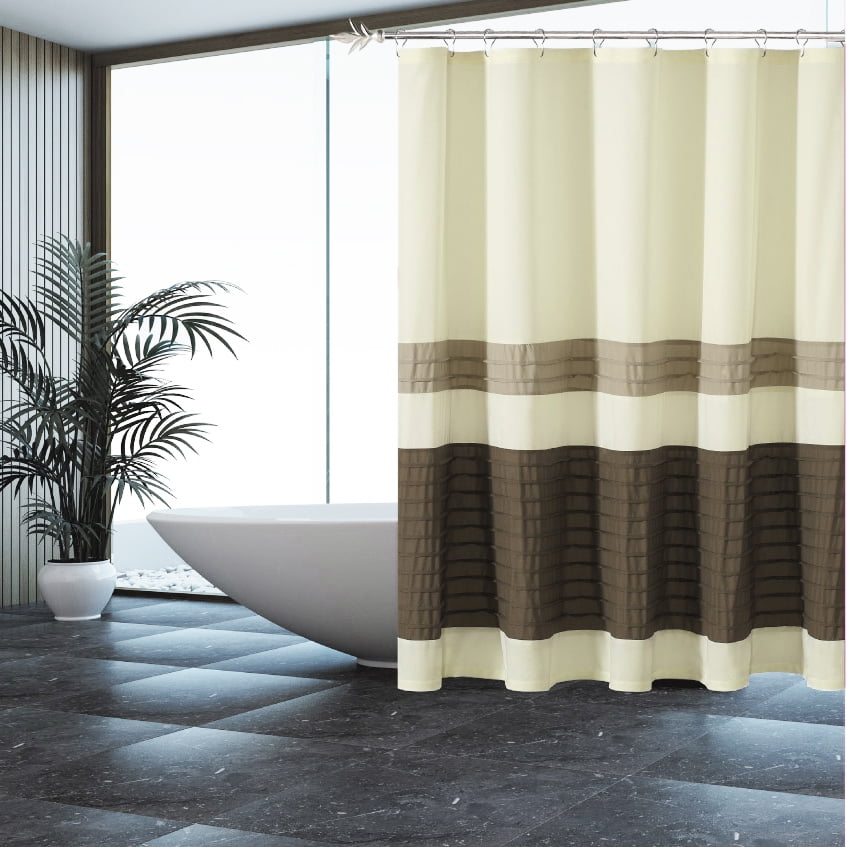 Beige Shower Curtain with Pleated Tan and Brown Pintuck Stripes
