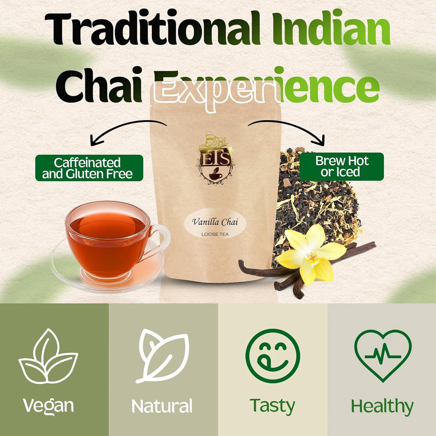 English Tea Store Vanilla Chai Tea - 16oz | Loose Leaf Black Tea with Cardamom Cinnamon, Ginger Cloves and Pepper | Rich Spiced Indian Chai with Sweet Vanilla | Brew Hot or Iced