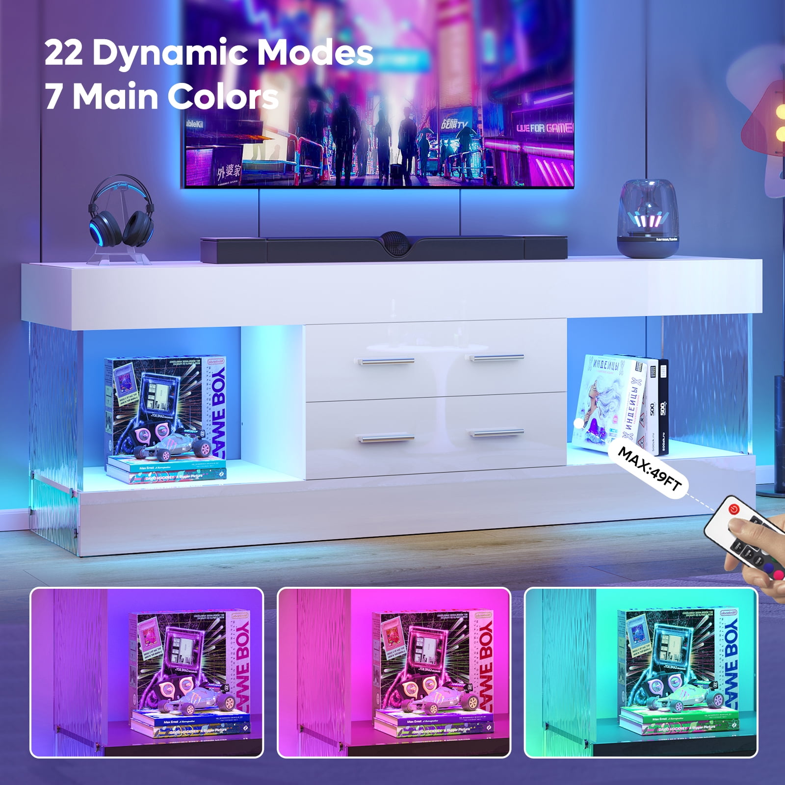Bestier White TV Stand for TVs up to 65", Modern High Gloss Entertainment Center for TVs with LED Light, TV Console Table with 2 Storage Drawers