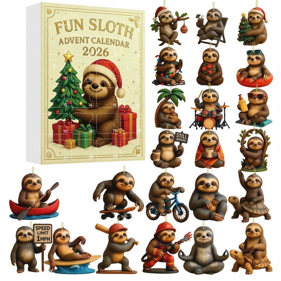 Sloth Advent Calendar 2026, 24-Day Xmas Countdown Calendar with 24 Acrylic Hanging Ornaments, Christmas Tree Decorations and Holiday Gifts for Sloth Lovers, Animal Fans and Families