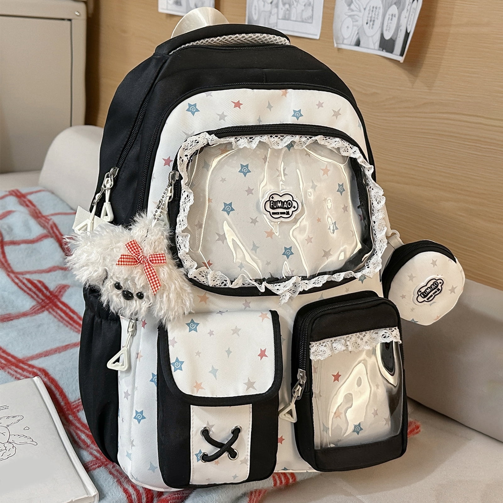 HUISZJ Ita Bag School Backpack, Large Capacity School Backpack Pendant, Cutecore Daypack for Travel Students, Black