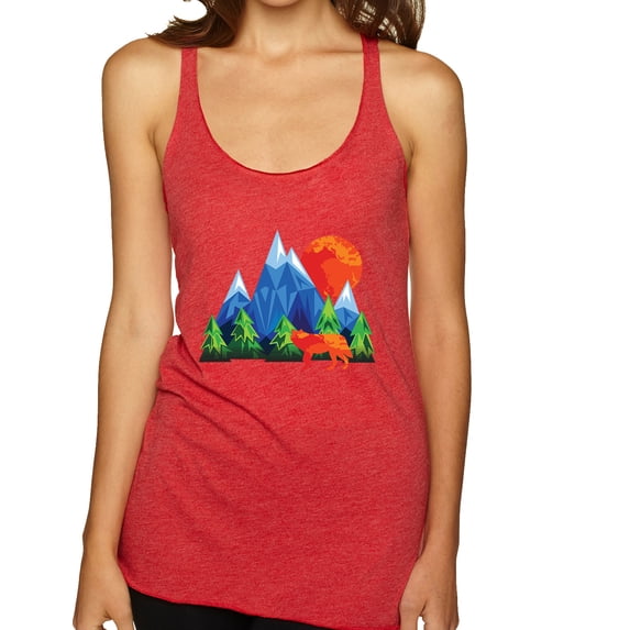 Neon Colorful California Bear Sunset Cali Redwoods | Womens Fashion Premium Tri-Blend Racerback Tank Top, Vintage Red, Small