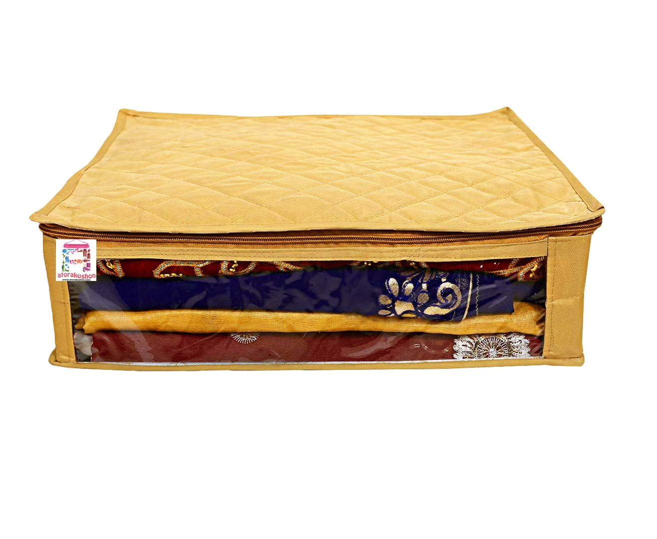 atorakushon Satin Fabric 3 Saree & 2 Blouse Covers Clothes Garments Storage Bag Wardrobe Organizers Strong Zippers & Transparent Window Set of 5 Gold