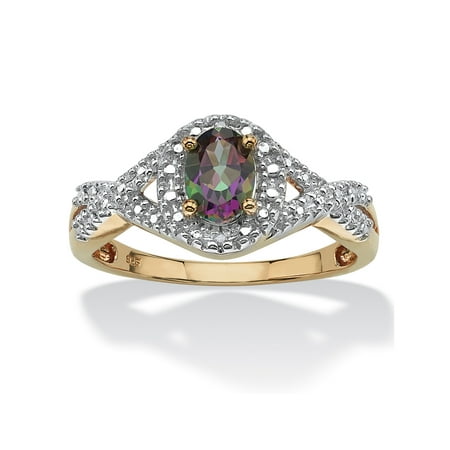 18k White Gold And Diamond Ring - 1.10 TCW Oval-Cut Genuine Mystic Fire Topaz and Diamond Accent Two-Tone Ring in 18k Gold over Sterling Silver