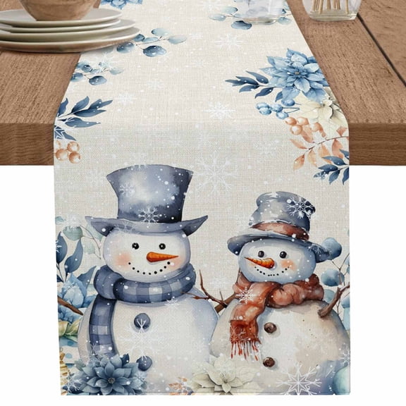 nqOlkjepod Blue Snowman Table Runner 36 Inches Long Farmhouse Dress Scarves, Eucalyptus Christmas Poinsettia Retro Snowy Dining Tablerunner for Coffee Table/Kitchen Island/Party Décor, Small 13"x36"