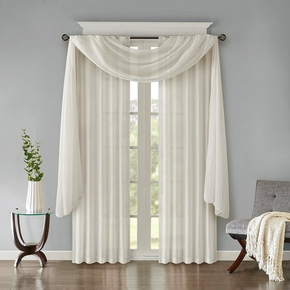 42"X144" White Crushed Sheer Window Scarf, Lightweight Polyester Draping Curtain with 4 Tabs