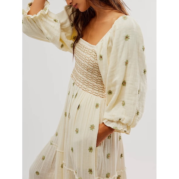 SUNSIOM Women Long Dress, Flower Embroidered Long Sleeve Dress Lantern  Sleeve Square Neck Flowy Spring Fall Dress - Walmart.ca