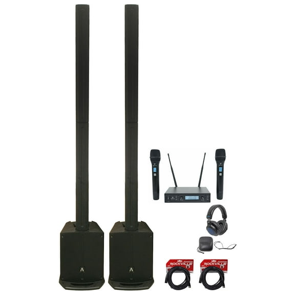 2 Avante Audio AS8 1000W Active Line Array DJ PA Column Speakers Mics Headphones