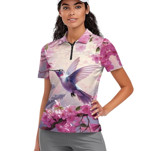Whosucclay Flying Hummingbird Bloom Golf Tops for Tennis Bowling, Stretch Polyester Polo Shirts Lightweight Skin Friendly Golf Short Sleeve Polo Shirt Size Large