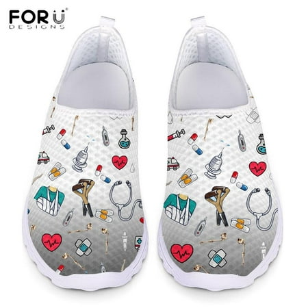 

FORUDESIGNS Cartoon Nurse/Premium Sketch Print Women s Casual Shoes Flats Beach Comfortable Mesh Slip-on Brand Women Sneakers