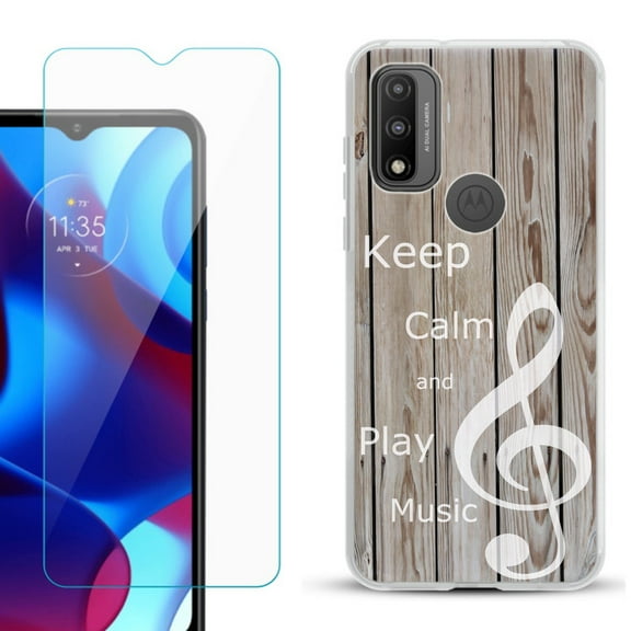 Slim-Fit Gel TPU Phone Case for Motorola Moto G Pure, with Tempered Glass Screen Protector, by OneToughShield ® - Wood/Music