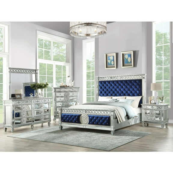 Acme Varian Eastern King Bed Blue Velvet, Mirrored & Sliver